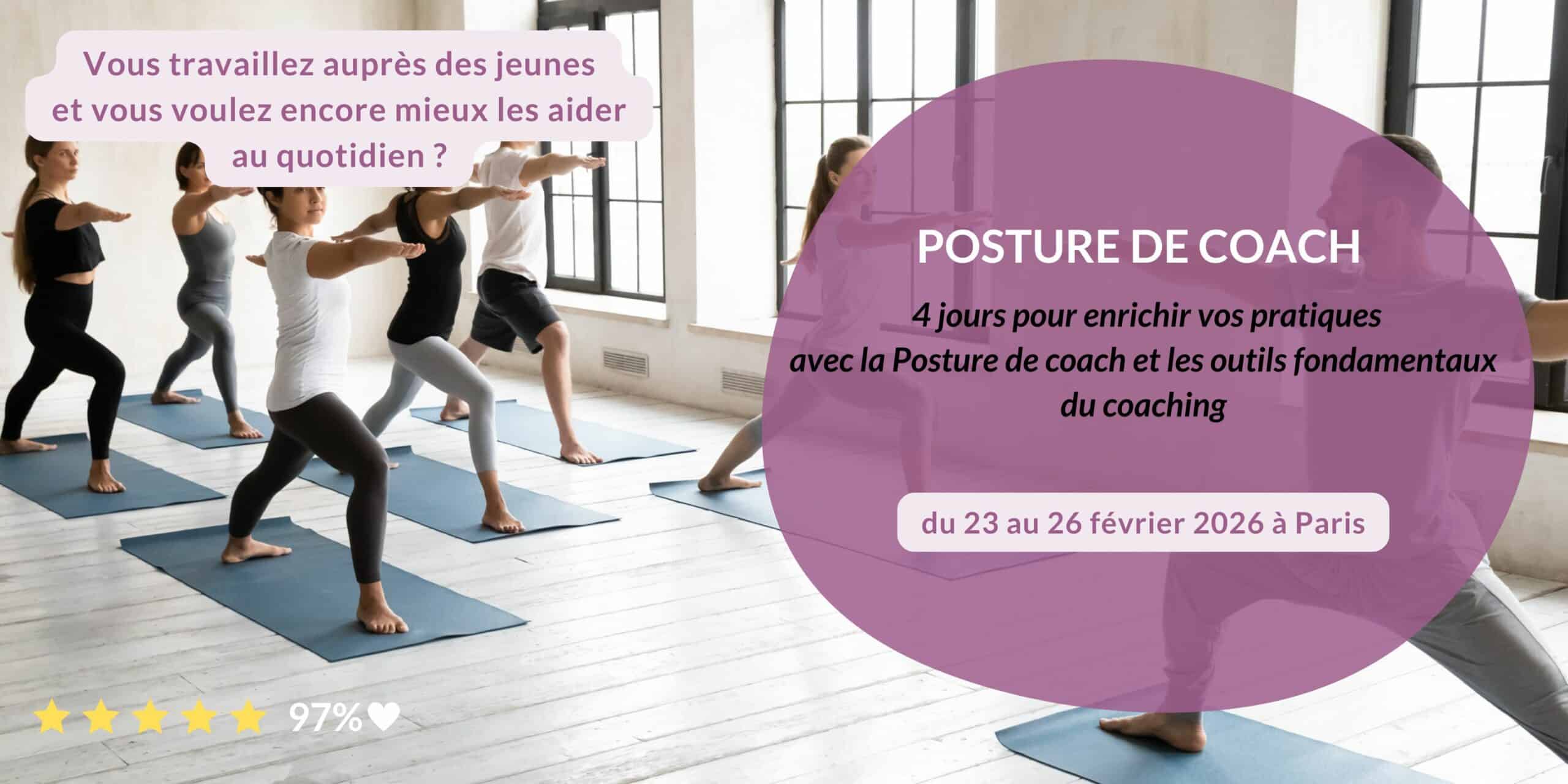 Participants en posture d’accompagnement, exercices de positionnement physique et mental – formation “Posture de coach” Elevatio